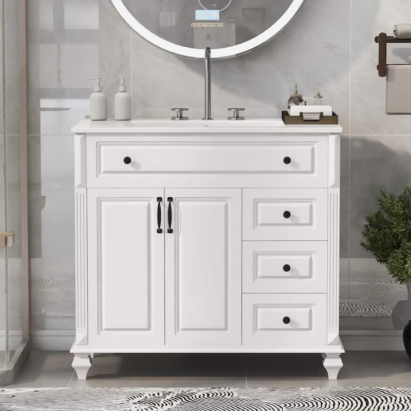 Merax Solid Wood Bathroom Vanity with Sink, Flip Drawer, 3 Drawers & 2 Doors - White