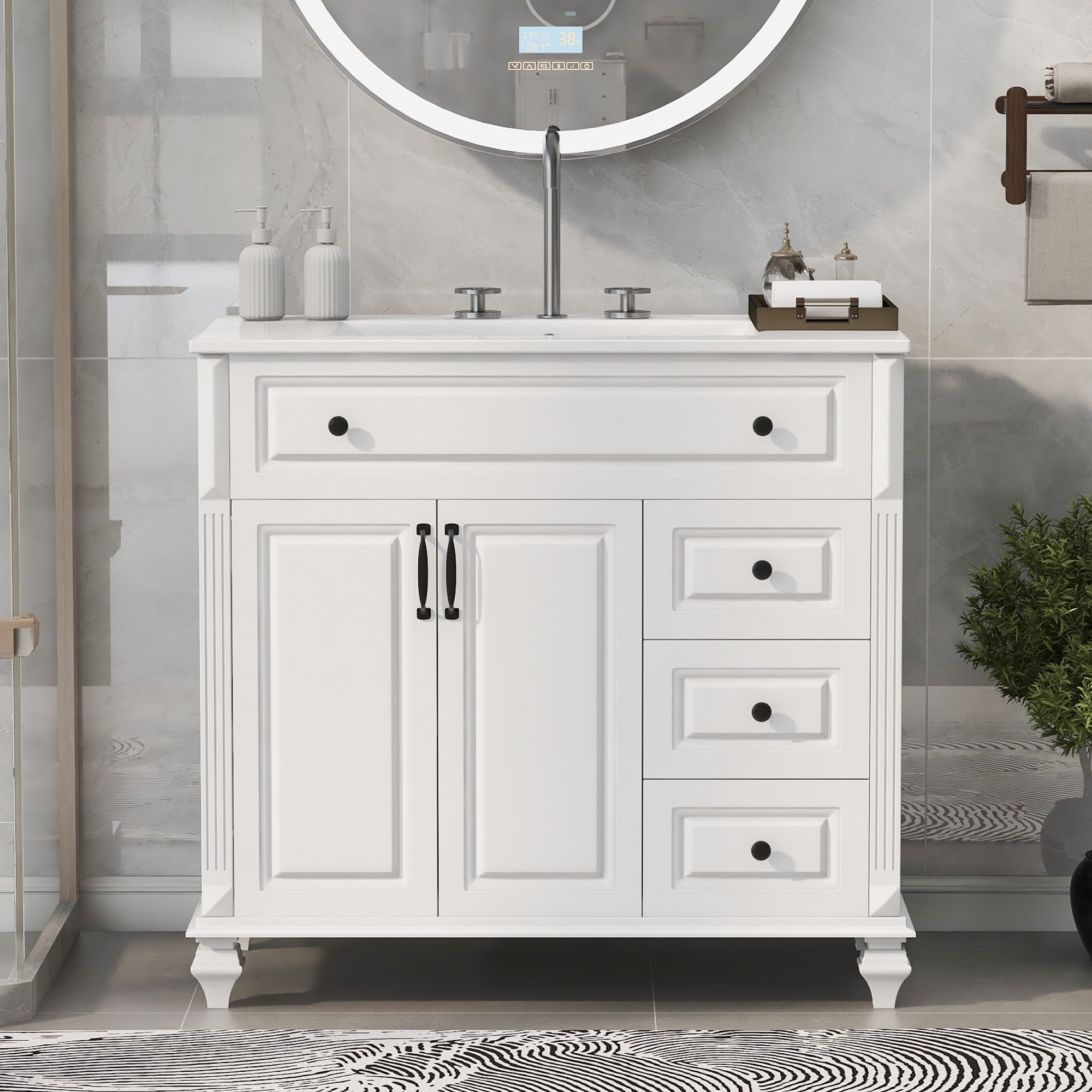 Sofucor 36 Inch Bathroom Vanity with Top,Ceramic Sink Basin,Cabinet with 4 Drawers and 2 Doors,Solid Wood Legs,Vintage Style