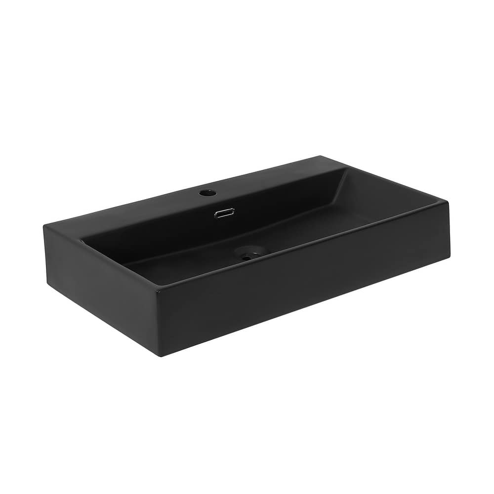Reims 30" Rectangle Wall-Mount Bathroom Sink In Matte Black - 29.75" x 16.55" 5.65"