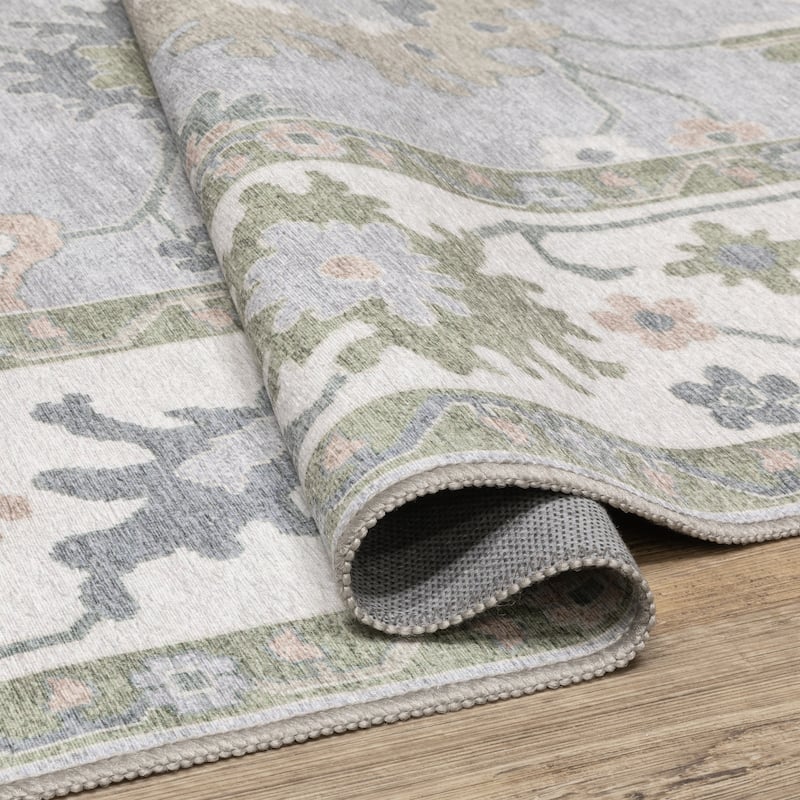 Ainsley Floral Traditional Blue/ Green Printed Washable Flat Pile Area Rug