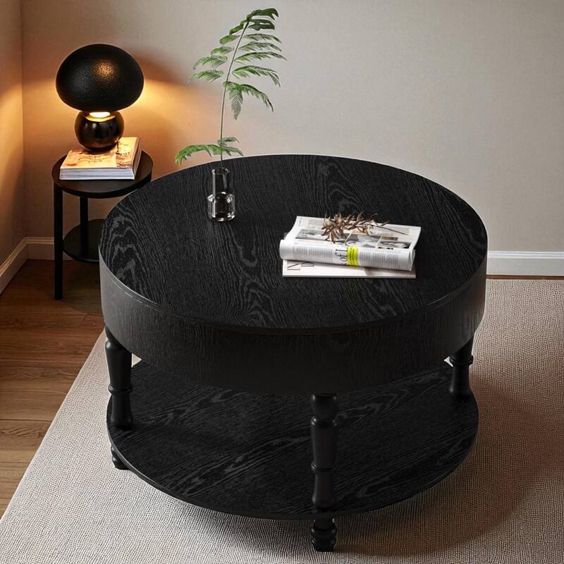 31.5" Round Coffee Table with Dual Storage, Modern 2-Tier Wood Accent Table with Hidden Compartment & Adjustable Feet