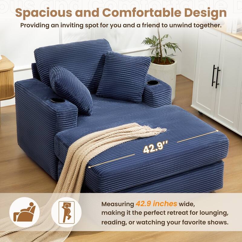 Chaise-Style Corduroy Sofa with Cup Holders and 3 Back Cushions - Reclining Lounge Design