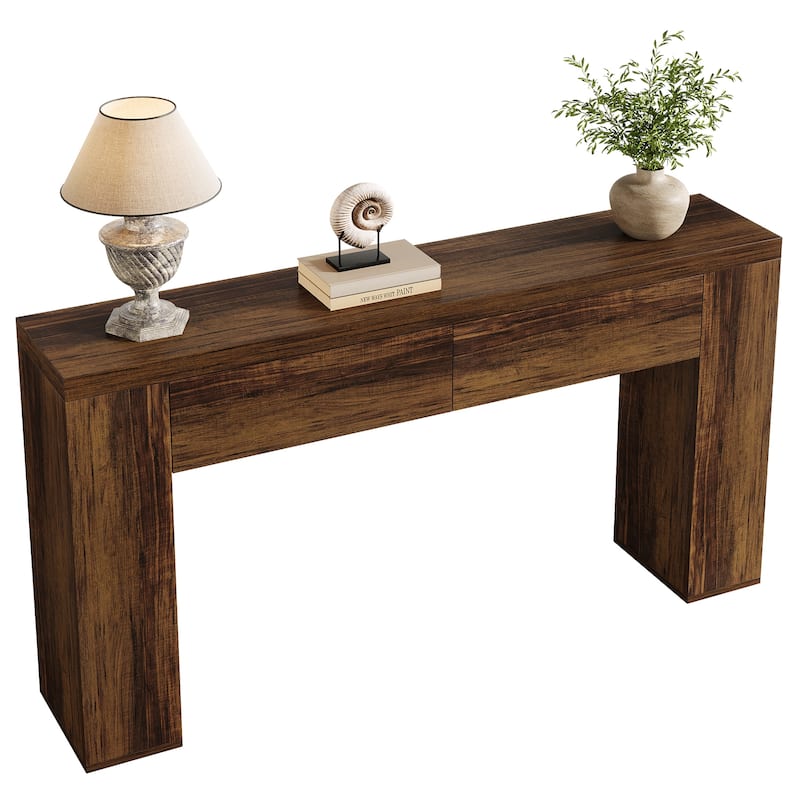 63" Wood Console Table With Drawers, Rustic Brown Sofa Console Table