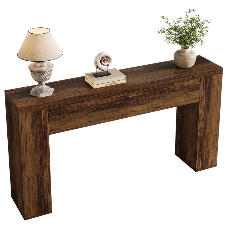 63-Inch Wooden Console Table with 2 Hidden Drawers, Sofa Table for Living Room, Hallway, Entrance, Foyer