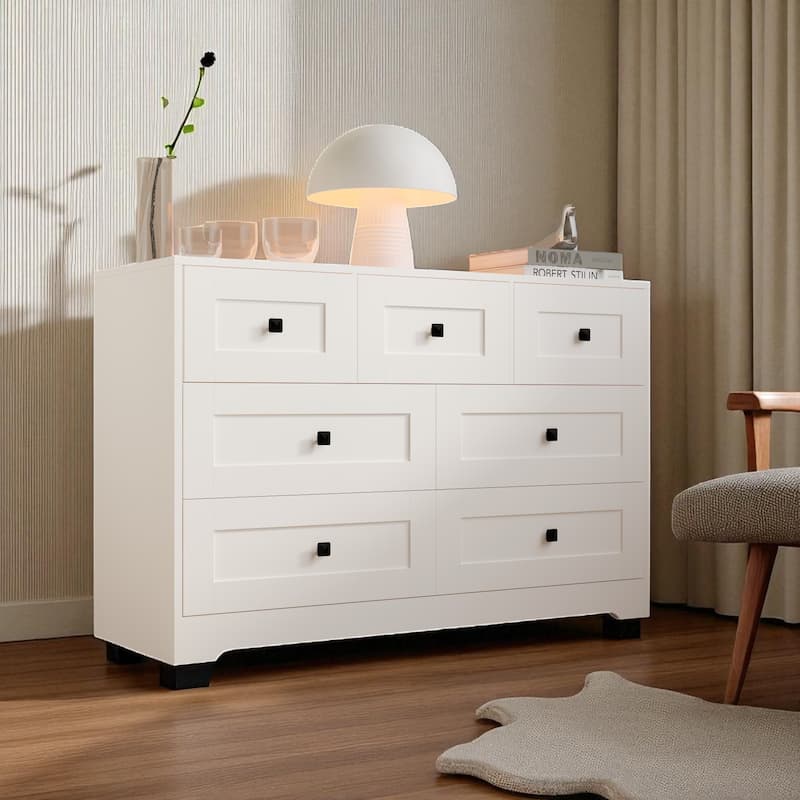 White 7 Drawer Dresser, Modern Chest of Drawers with Farmhouse Barn Door Style, Storage Cabinet for Bedroom and Entryway