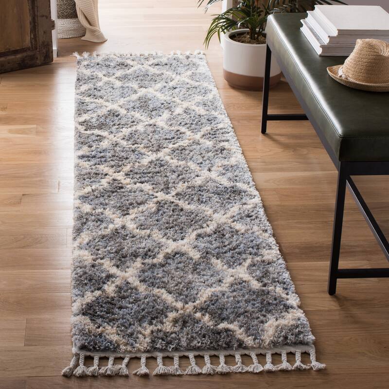 SAFAVIEH Berber Fringe Edelinde Melva Trellis Rug - 2' x 8' Runner - Grey/Cream