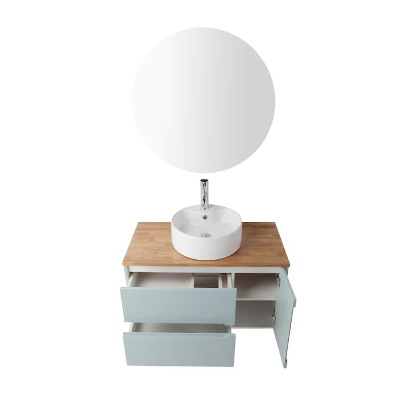 36" Wall-Mounted Bathroom Vanity with Double Drawers, Solid Wood Top