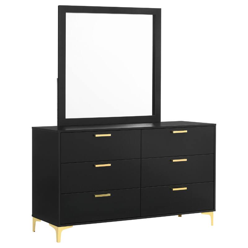Dle Wide Dresser with Mirror, Gold Bracket Legs, Modern Black Finish