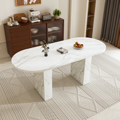 62.9" Oval Marble Top Kitchen Dining Table with Wood Strip Base and Waterproof Scratch Resistant Surface
