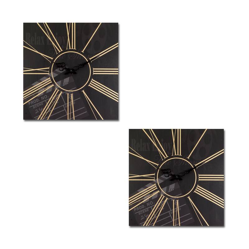 HomeRoots Set of Two Black And Gold Wood Analog Square Cinema Wall Clocks - 15.75' X '15.75' X '1.75