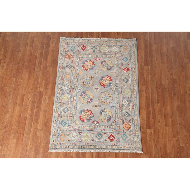 Traditional Kazak Area Rug Hand-Knotted Grey Wool Carpet - 4'0" x 5'11"