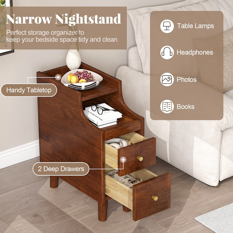 20" Tall Slim Brown Wooden Beside End Table with Tray and Drawers Cable Hole for Bedroom or Living Room - 16" x 8" x 20"
