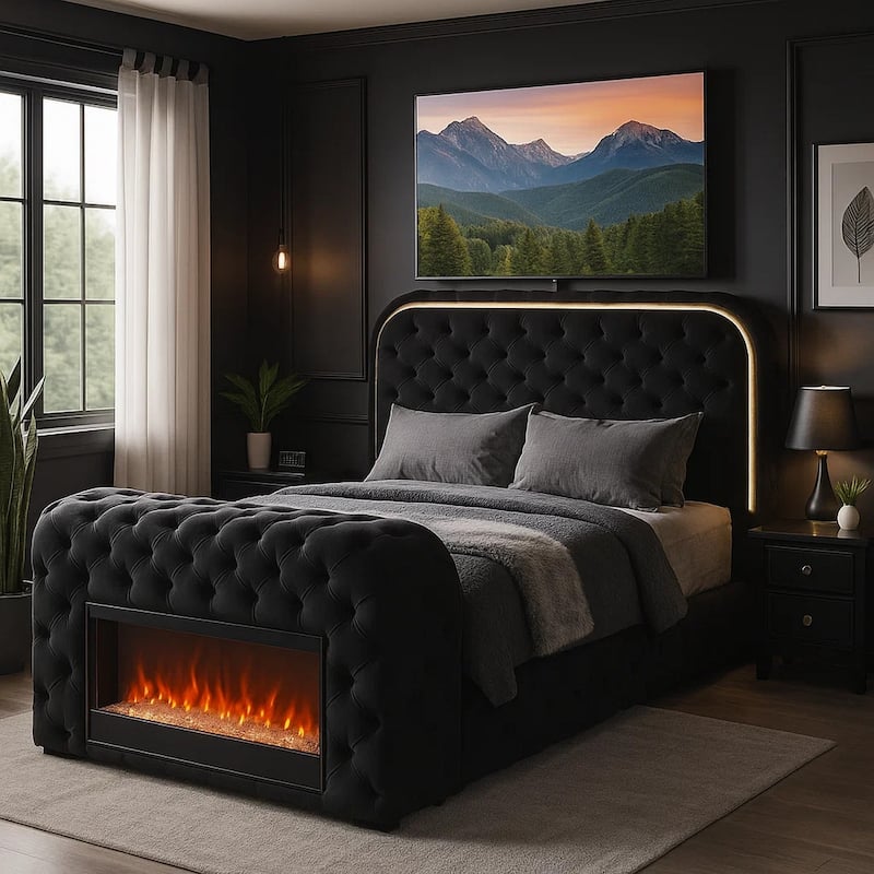 Kerie Queen Size Bed with LED Fireplace, TV Lift Stand, Black Velvet