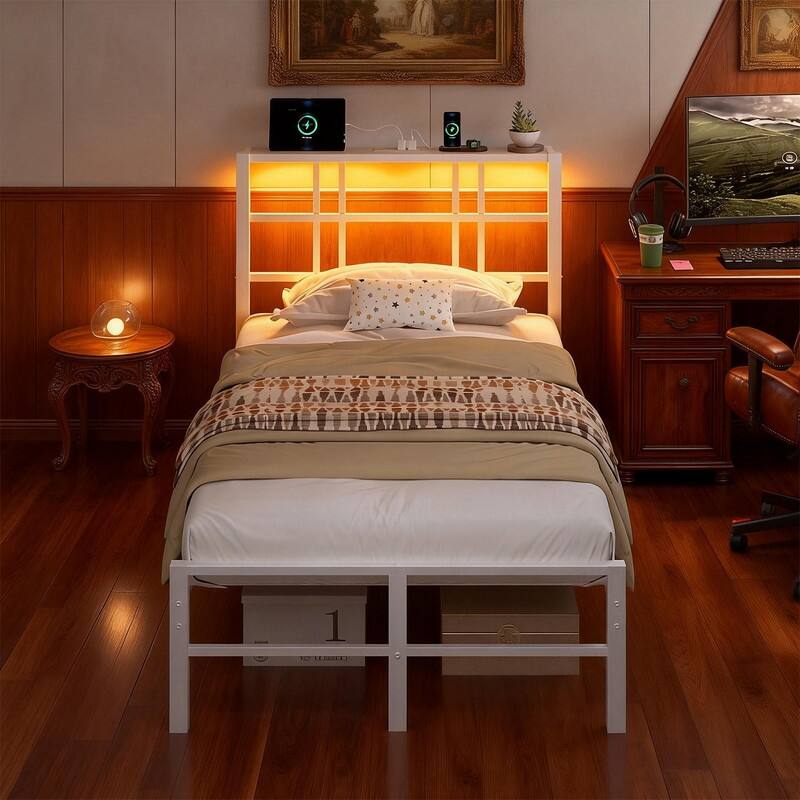 Twin Metal Platform Bed Frame with Storage Headboard,LED Lights,Charging Station,Wooden Storage Shelf,Underbed Storage Space