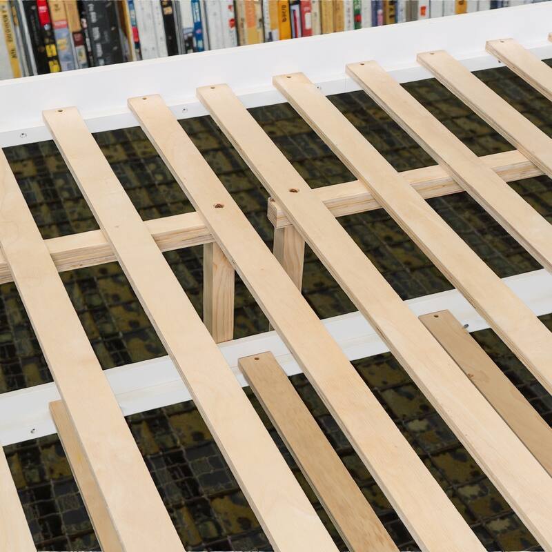 Full over Full Bunk Bed with Twin Trundle, Solid Wood Frame, Safety Guardrails & Ladder, Convertible into Two Beds