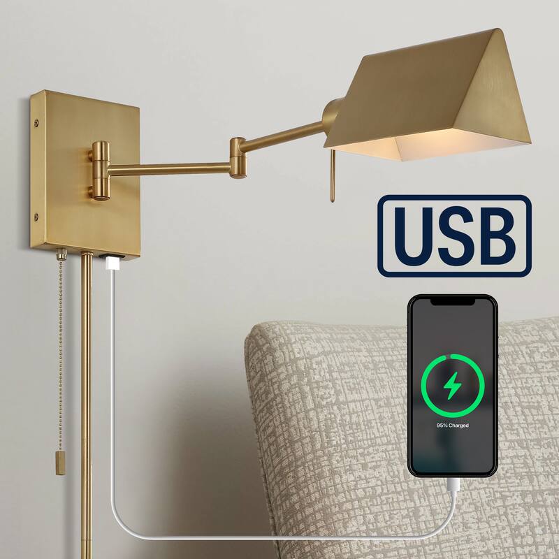 Curtis Farmhouse Swing Arm Plug-In or Hardwired Iron LED Wall Sconce with Pull-Chain with USB Charging Port, by JONATHAN Y