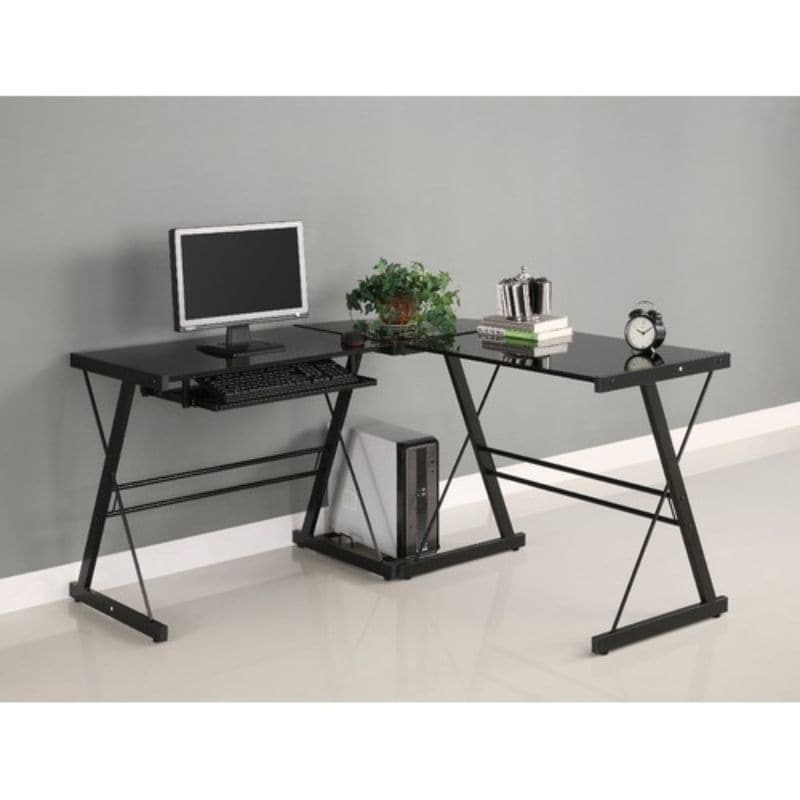 Overstock Black Metal L-Shaped Corner Computer Desk with Glass Top