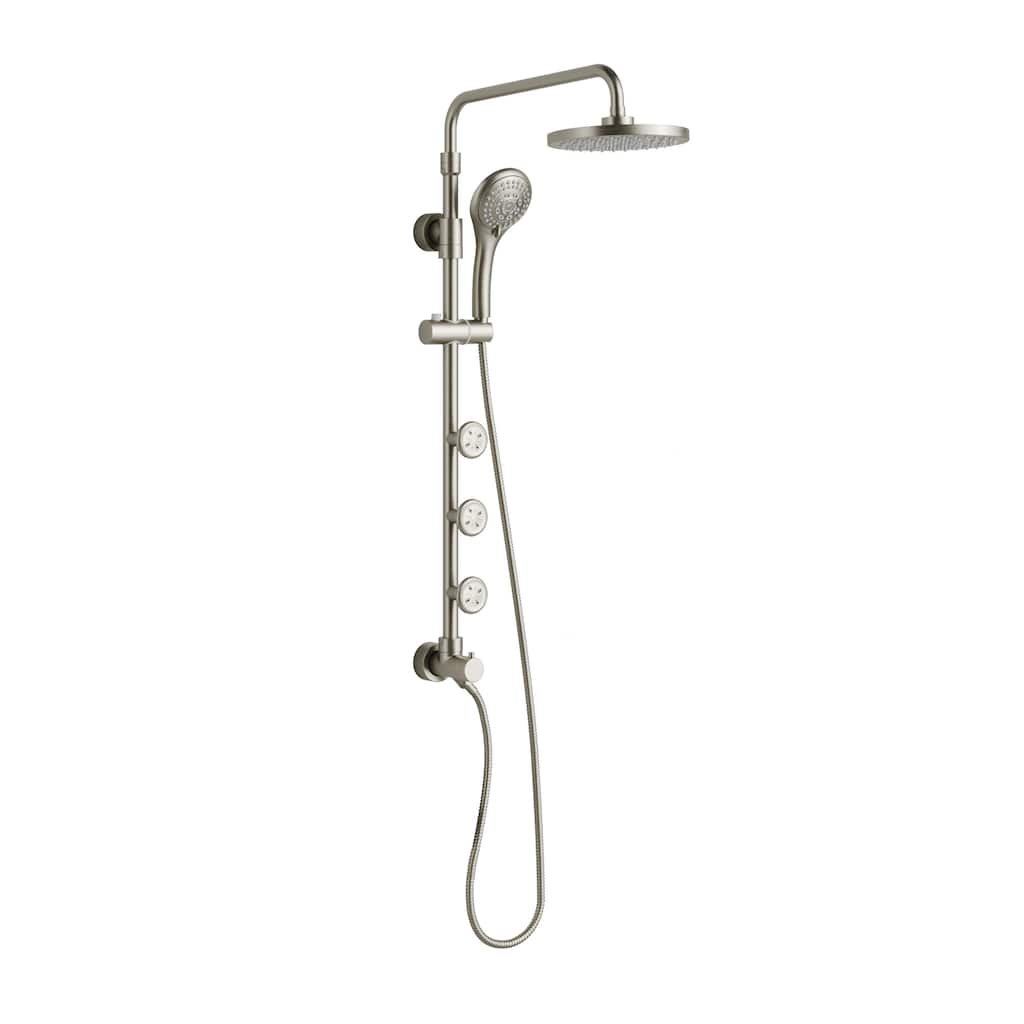 Lanikai 8-in Rain Showerhead System with 3-Body Jets Multi-function Handshower and Pivoting Shower Arm Brushed Nickel 1.8GPM
