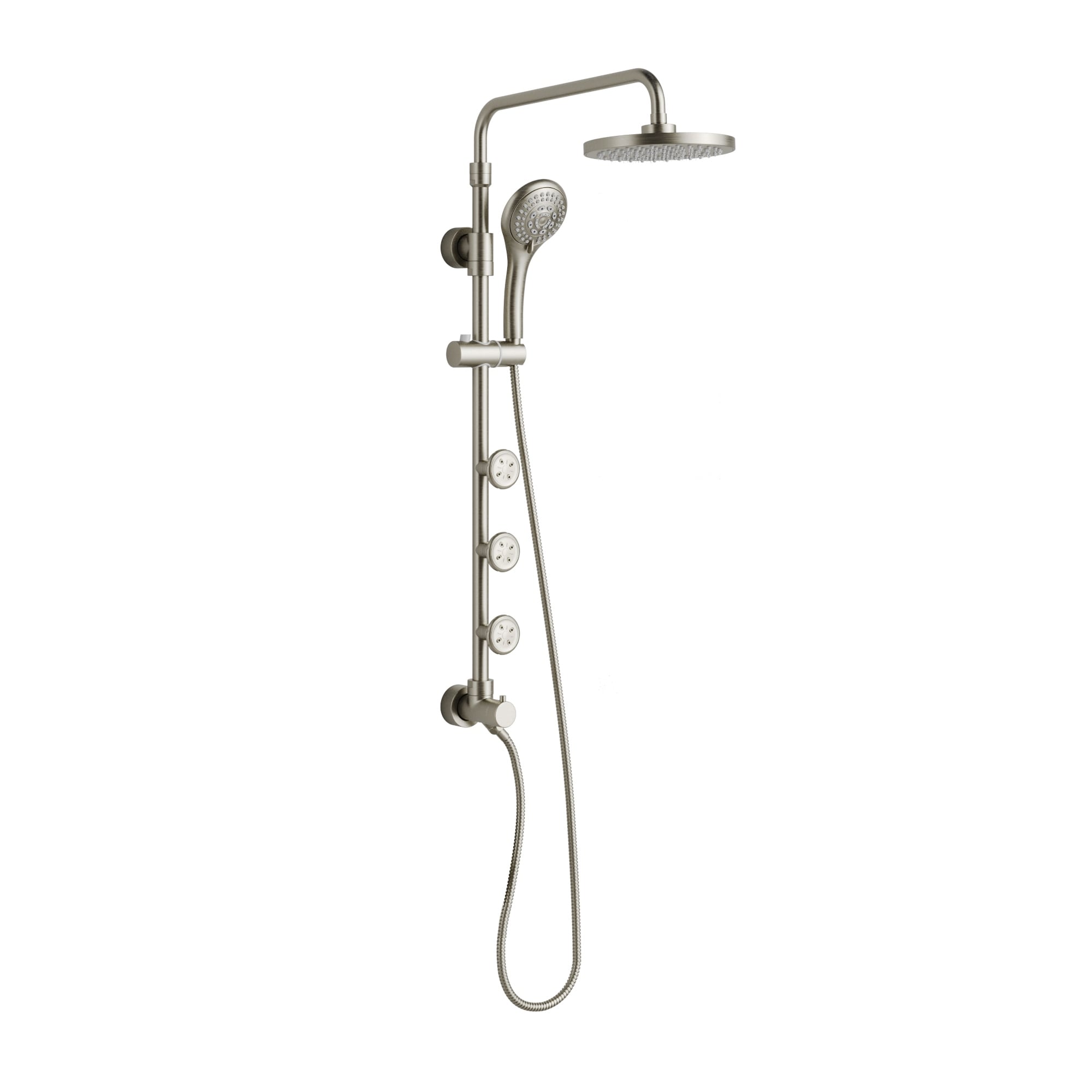 Lanikai 8-in Rain Showerhead System with 3-Body Jets Multi-function Handshower and Pivoting Shower Arm Brushed Nickel 1.8GPM