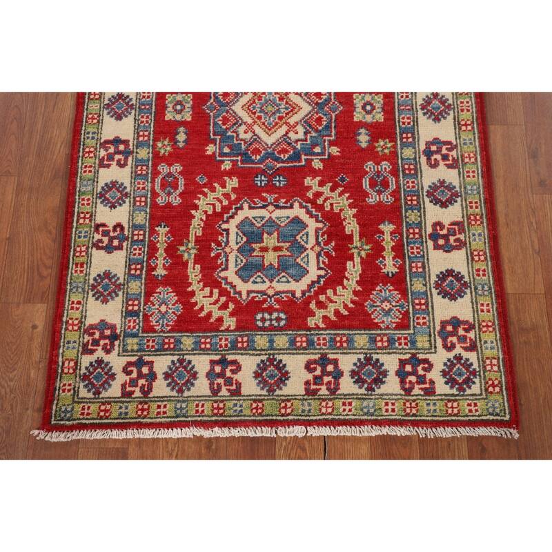 Geometric Red Kazak Foyer Rug Hand-Knotted Traditional Wool Carpet - 2'8" x 4'1"