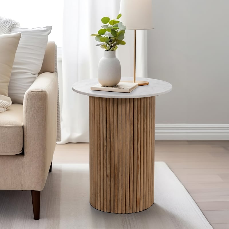 Sagebrook Home Mango Wood & Marble Accent Table with Reeded Base, MDF Support, and Contemporary Cylinder Design