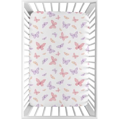 Sweet Jojo Designs Pink/Purple Shabby Chic Butterfly Girl Fitted Mini Portable Crib Sheet Colorful Butterflies Pastel Watercolor