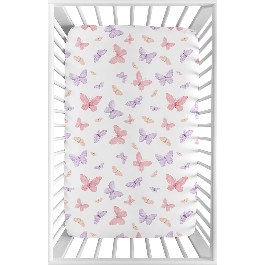 Sweet Jojo Designs Pink/Purple Shabby Chic Butterfly Girl Fitted Mini Portable Crib Sheet Colorful Butterflies Pastel Watercolor