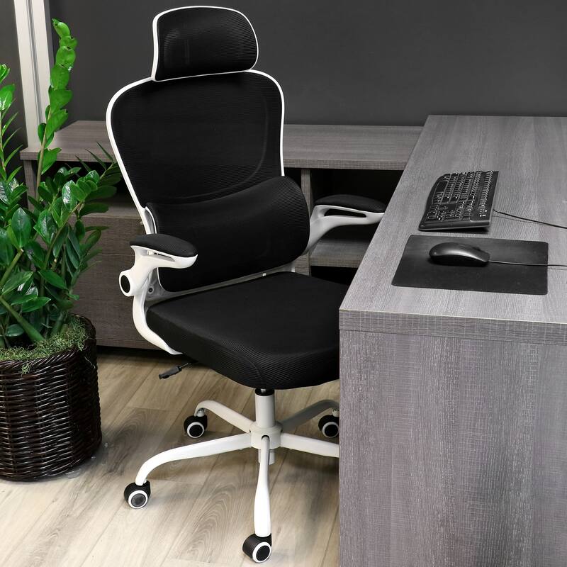High Back Adjustable Mesh and Fabric Office Chair in Black on White Frame with Adjustable Head Rest