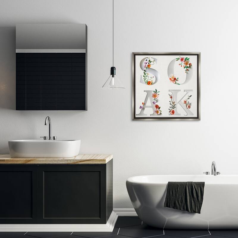 Stupell Floral Bathroom Soak Letters Framed Floater Canvas Wall Art Design By Susan Arnot