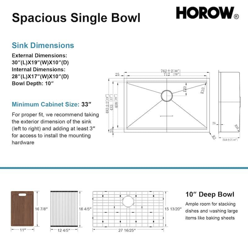 HOROW 16G Stainless Steel 30 in. Single Bowl Undermount Workstation Kitchen Sink with Cutting Board, Bottom Grid, Strainer