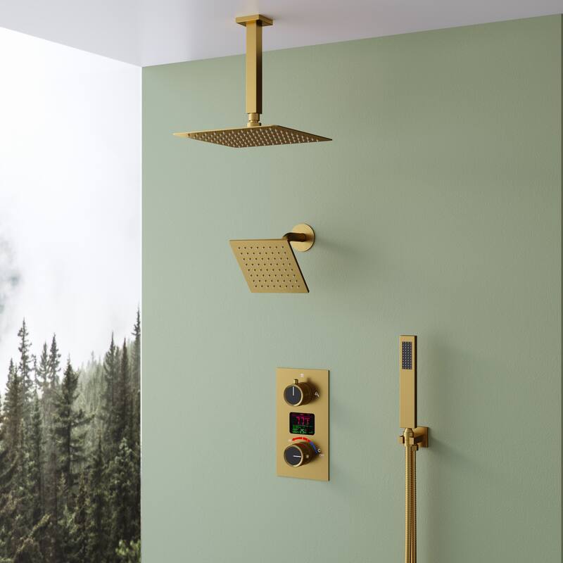 LCD Temperature Display Shower System, Dual Shower Heads Pressure Balance Shower Faucet Set - Brushed Gold