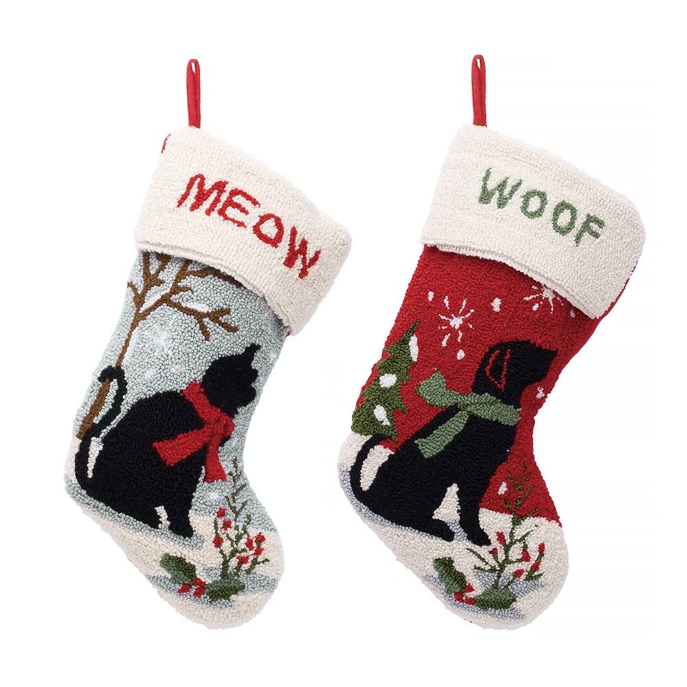 Glitzhome Christmas Hooked Stocking Cat Dog Fox Reindeer Dinosaur(Set of 2)