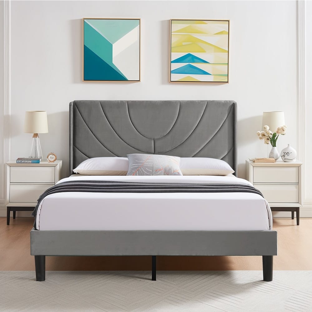 Javlergo Adjustable Dark Grey Platform Bed Frame with Modern Wingback Headboard No Box Spring Needed Heavy Duty Bed Frame