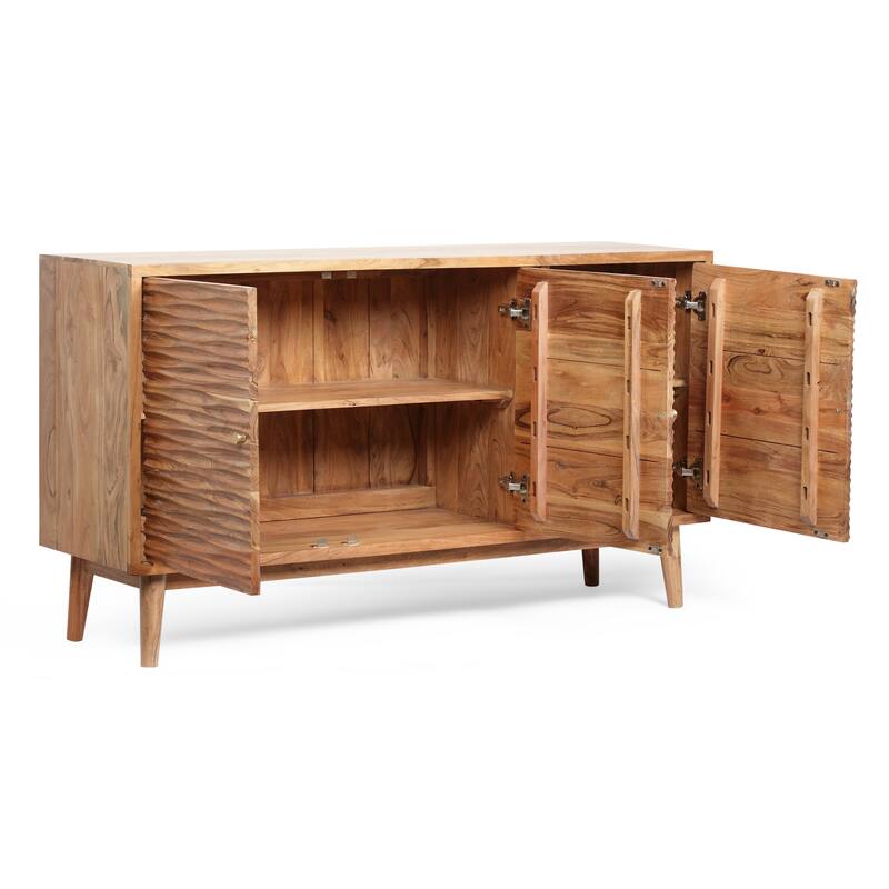 Roomfitters Mid-Century Modern Sideboard Buffet Cabinet with Three Doors and Textured Wood Finish, Natural Oak