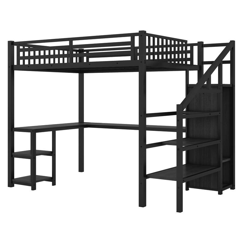 Full Size Metal Loft Bed with Wardrobe, L-Shaped Desk, USB Charging, and LED Light for Kids, Teens, and Adults