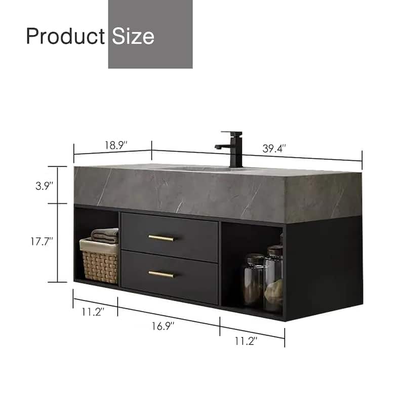 39-Inch Modern Solid Wood Floating Dresser with Ceramic Sink 2 Drawers and Shelves Pre-Installed Black