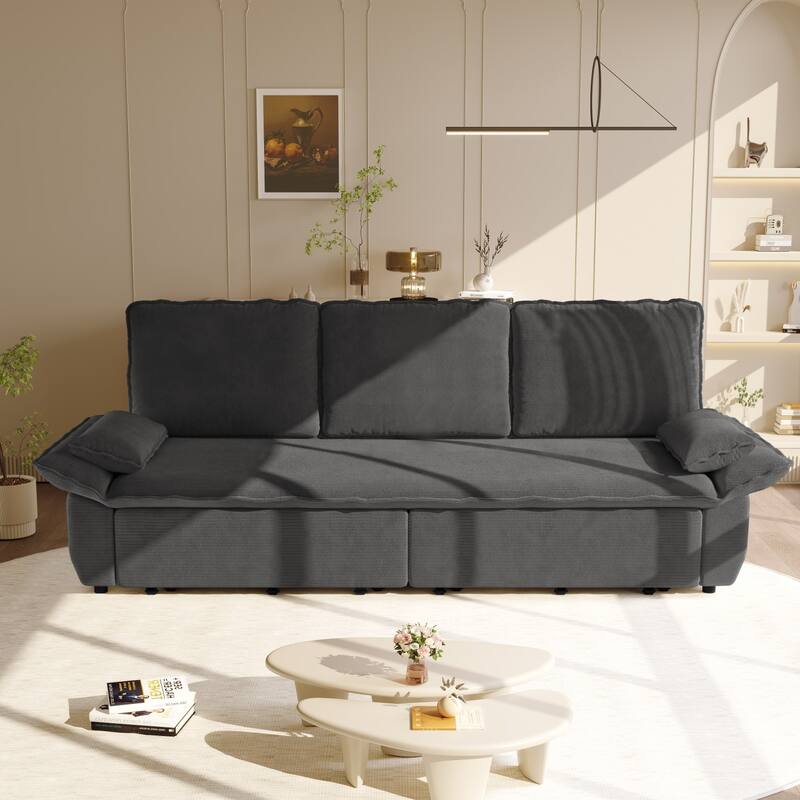 94.5" King Size Corduroy Convertible Pull Out Sofa Bed - Grey