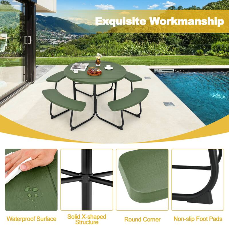Costway Outdoor 8-person Round Picnic Table Bench Set with 4 Benches & - See Details