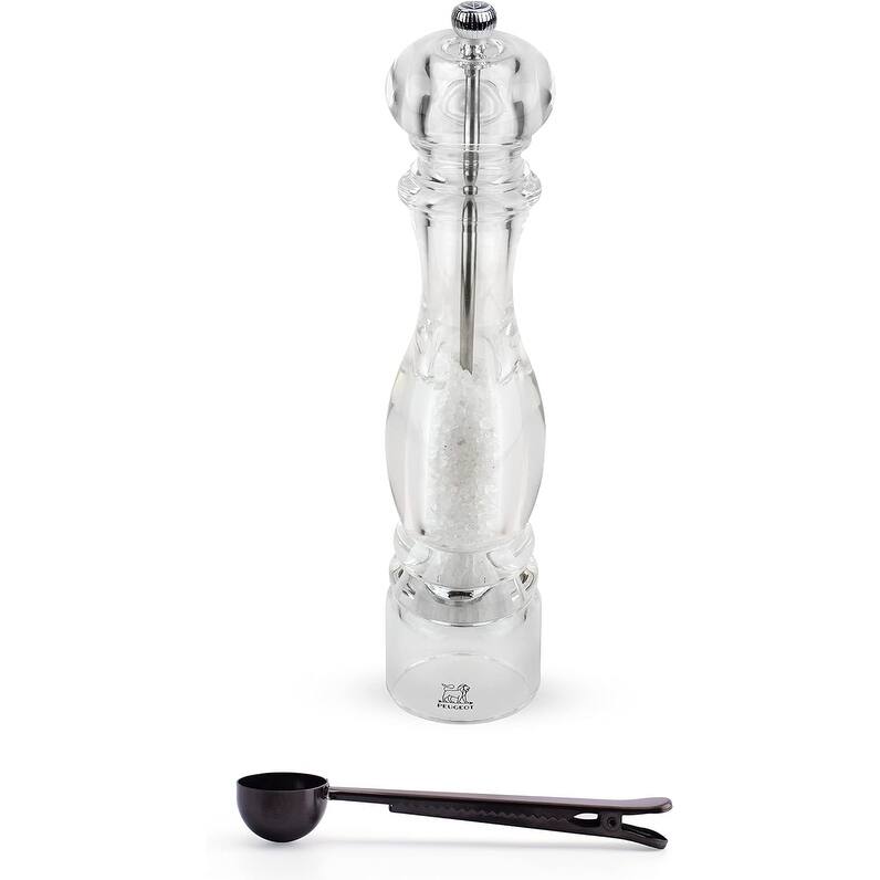 Peugeot Nancy Acrylic Manual Salt Mill - Transparent Adjustable Grinder Gift Set- With Stainless Steel Spice Scoop/Bag Clip - Clear - 2 Piece