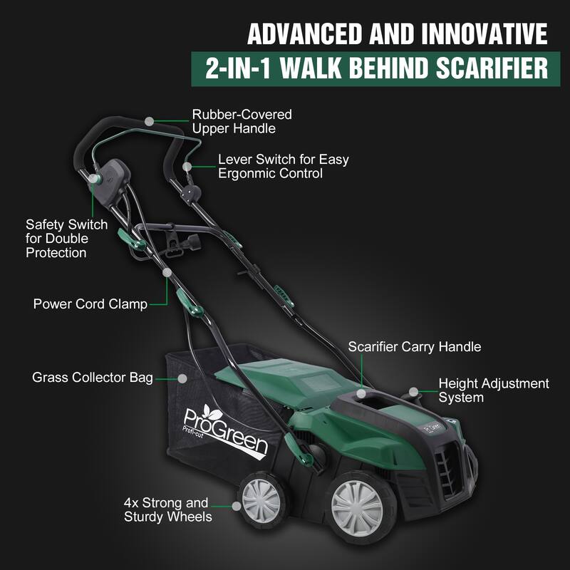 2-in-1 16" Electric Dethatcher, 15Amp Garden Scarifier Lawn Dethatcher - 44.5"Lx23.6"Wx40.9"H