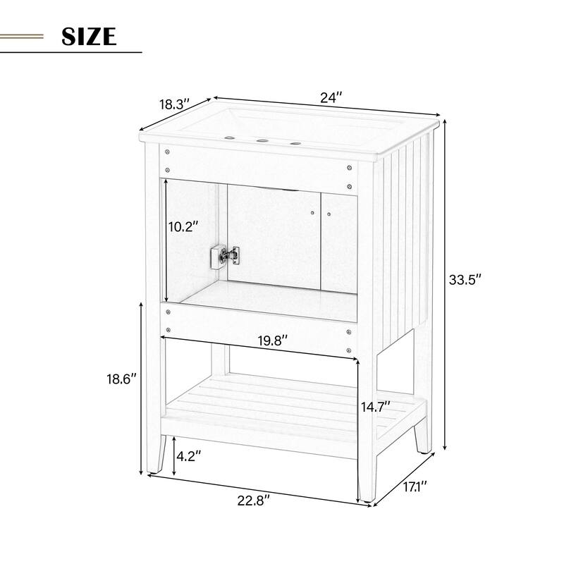24" Freestanding Bathroom Vanity with Semilune Ceramic Sink, Solid Pine Wood Frame & Open Bottom Shelf