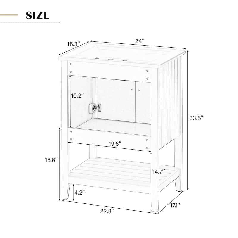 24" Modern White Bathroom Vanity with Elegant Ceramic Sink and Solid Wood Frame, Open Shelf Storage