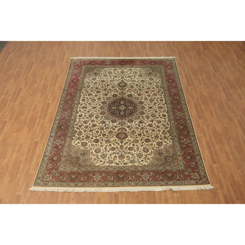 Hand Knotted Oriental 100% Wool Carpet Traditional Floral Beige & Ivories Tabriz Area Rug - 11' 9'' X 8' 2''