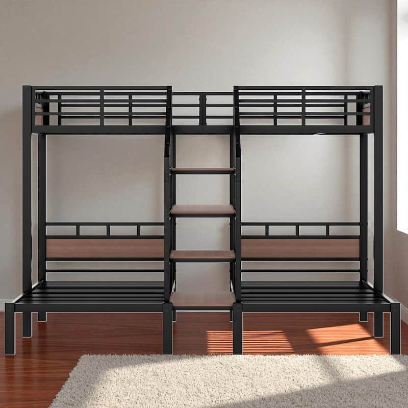 Twin/Queen over Twin over Twin Metal Triple Bunk Bed with Storage Shelves & Built-in Stairs, Black Heavy Duty Frame