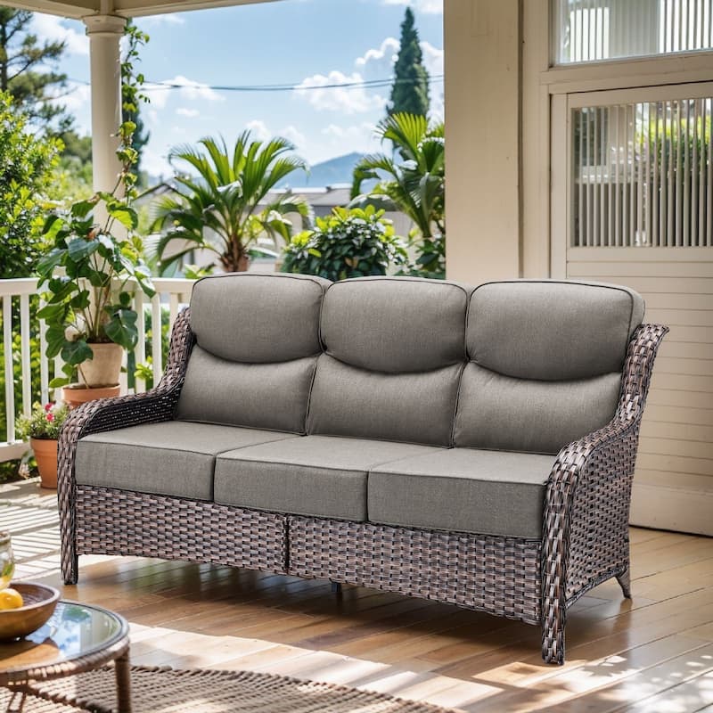 Arcadia 3-Seat Handwoven Wicker Patio Sofa with 6-Inch Thick Cushions - Gray Cushions - Brown Wicker