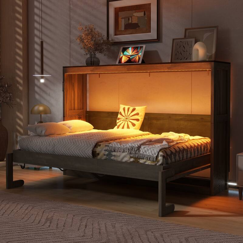 Space-Saving Twin Murphy Bed with LED Light, Foldable Wall Cabinet Design in Brown