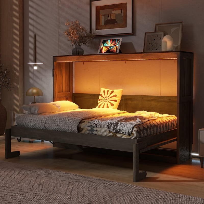Twin Size Wall Murphy Bed Chest with LED Lights, Wood Hideaway Wall Bed Cabinet, Foldable into a Cabinet - Brown - Twin