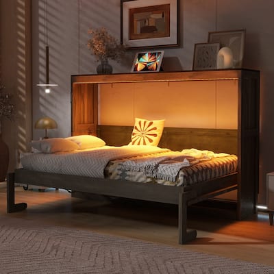 Twin Size Wall Murphy Bed Chest with LED Lights, Wood Hideaway Wall Bed Cabinet, Foldable into a Cabinet