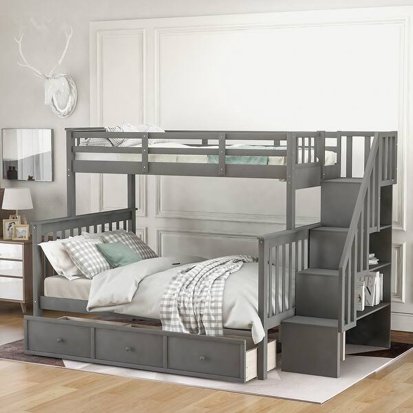 slide 2 of 18, Gray Twin-Over-Full Pine Bunk Bed with Staircase and Drawer Gray