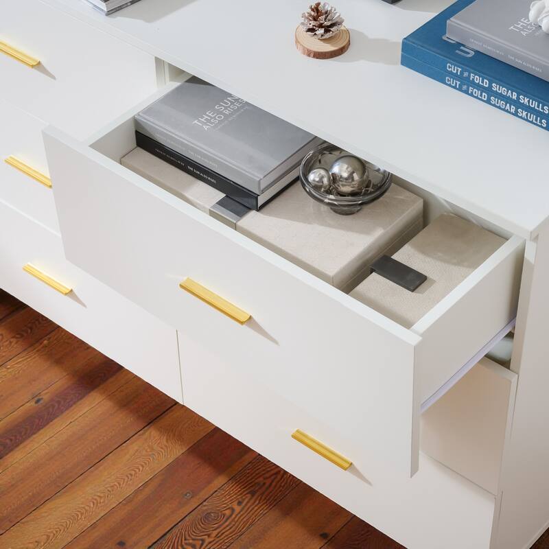 White Modern 6-Drawer Dresser with Gold Handles and Triangle Legs, Minimalist Storage Cabinet for Bedroom or Living Room